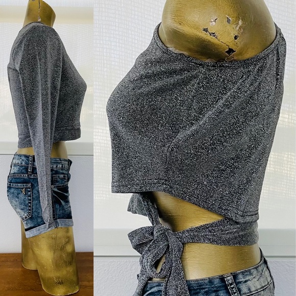 NWT Perfect Holiday TOP! Silver Shimmer UNI SLEEVE With TIES at SIDE Large - Picture 12 of 12